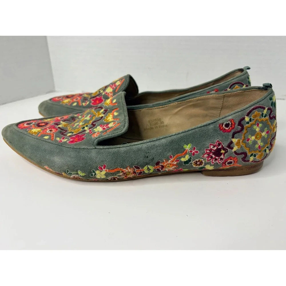 Boden Womens Embroidered Suede Loafers Teal Floral Pointed Toe Flats 36 632556 6 - Picture 4 of 8